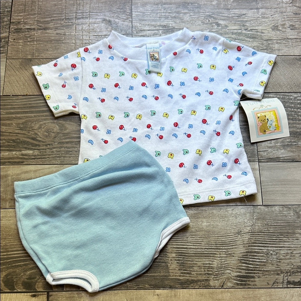 Vintage NWT Colorful Patterned Baby T-Shirt and Blue Shorts Set
